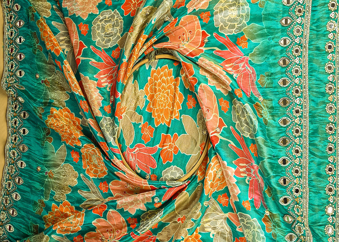 Rama Tissue Fabric With All Over Floral Print And Two Side Bead, Sequins, Zari And Faux Mirror Border 20309