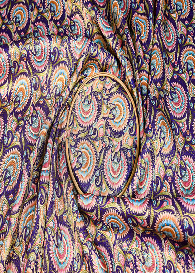 Purple Silk Fabric With Traditional Print With Golden Zari Work 20310