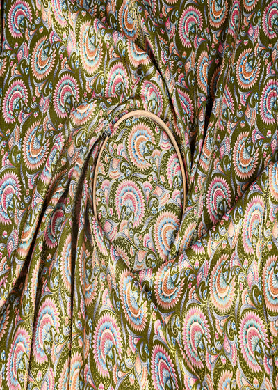 Mehendi Green Silk Fabric With Traditional Print With Golden Zari Work 20311