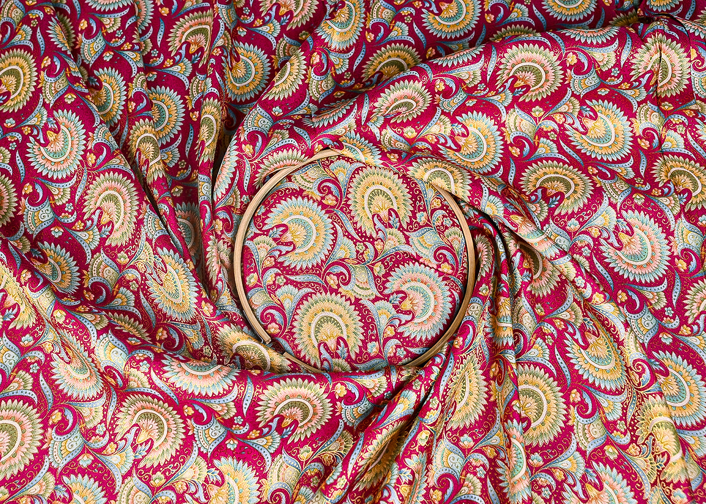 Rani Pink Upada Silk Fabric With Traditional Print With Golden Zari Work 20312