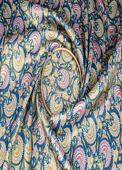 Teal Blue Silk Fabric With Traditional Print With Golden Zari Work 20313