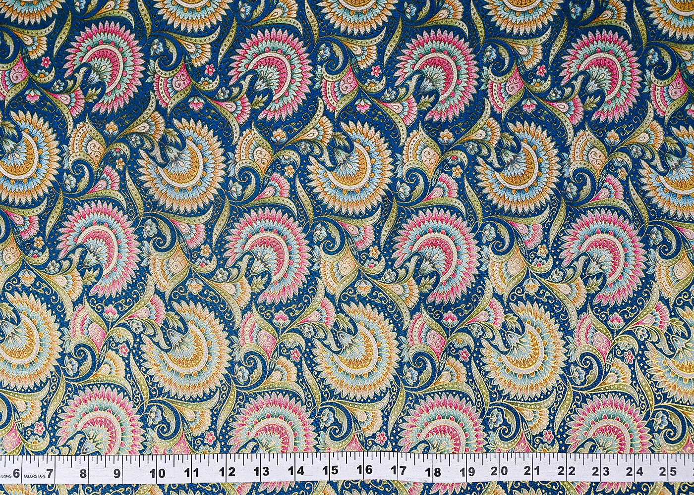 Teal Upada Silk Fabric With Traditional Print With Golden Zari Work 20313