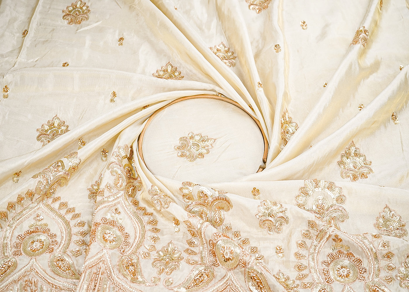 Golden Tissue Fabric With All Over Zari Sequins And Faux Mirror Work 20323