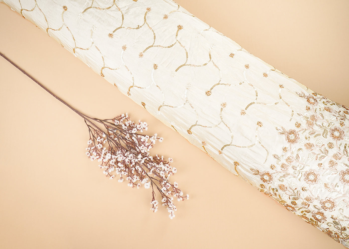 Golden Tissue Fabric With All Over Katdana Sequins And Bead Work With One Side Border 20324