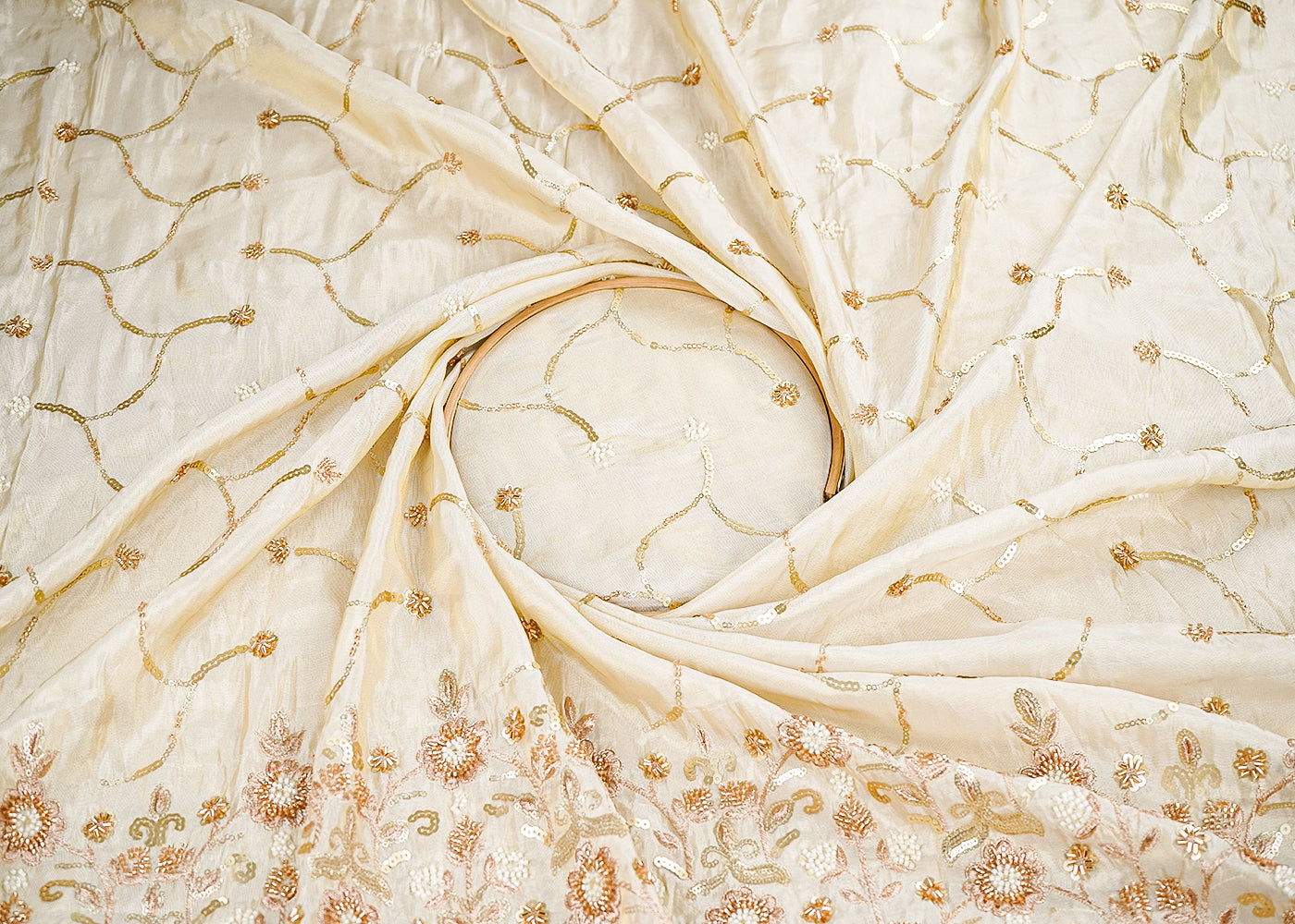 Golden Tissue Fabric With All Over Katdana Sequins And Bead Work With One Side Border 20324