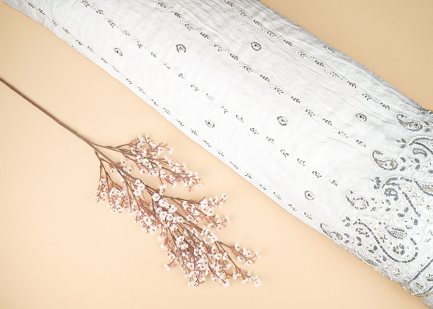 White Georgette Fabric With All Over Bead, Katdana, Sequins And Thread Work With One Side Border 20337