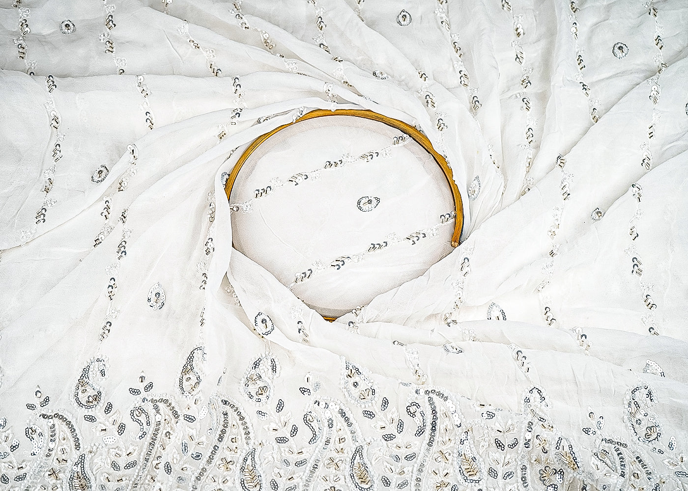 White Georgette Fabric With All Over Bead, Katdana, Sequins And Thread Work With One Side Border 20337