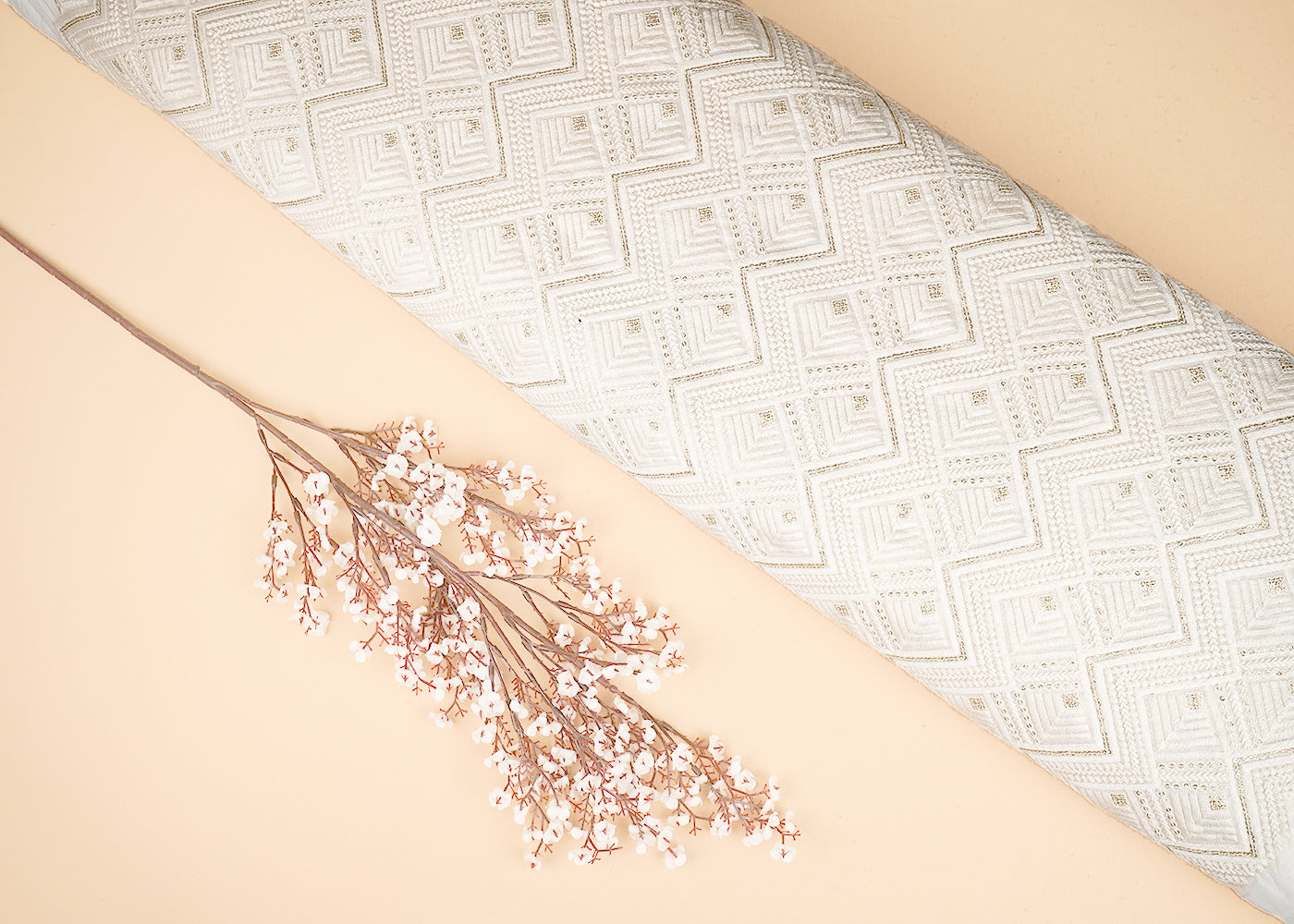 White Georgette Fabric With All Over Thread And Sequins Work 20367