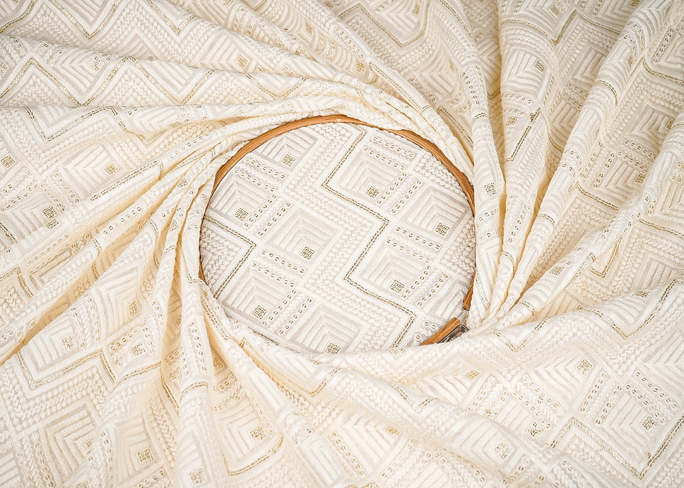 White Georgette Fabric With All Over Thread And Sequins Work 20367