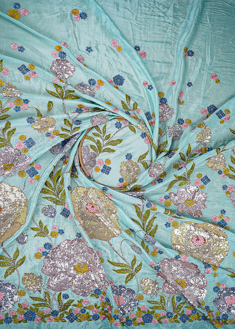 Sky Blue Georgette Fabric With All Over Thread, Zari And Sequins With One Side Border 20371