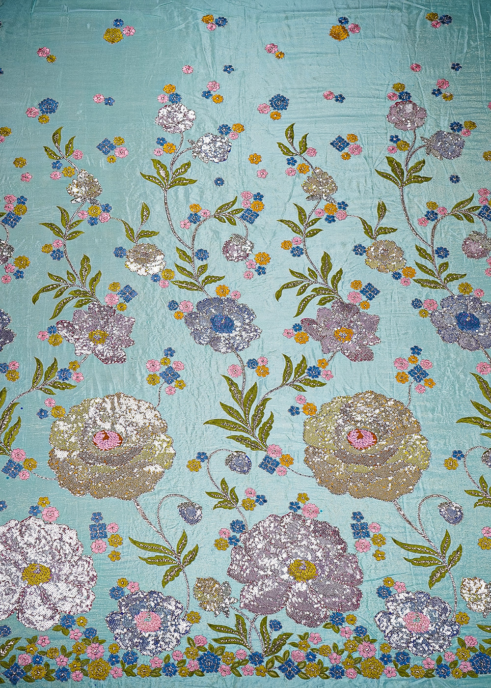 Sky Blue Georgette Fabric With All Over Thread, Zari And Sequins With One Side Border 20371