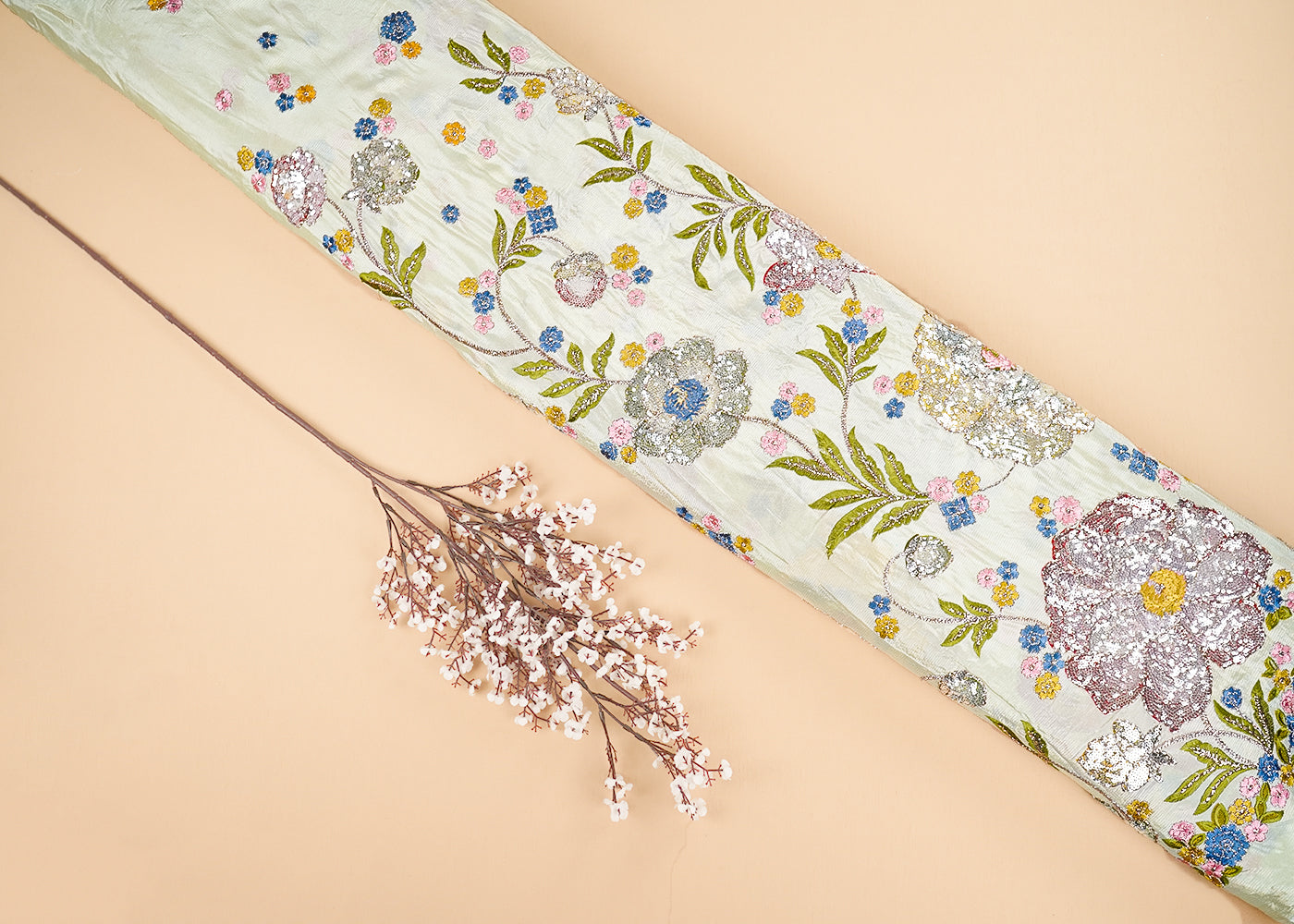 Pista Green Georgette Fabric With All Over Thread, Zari And Sequins With One Side Border 20372