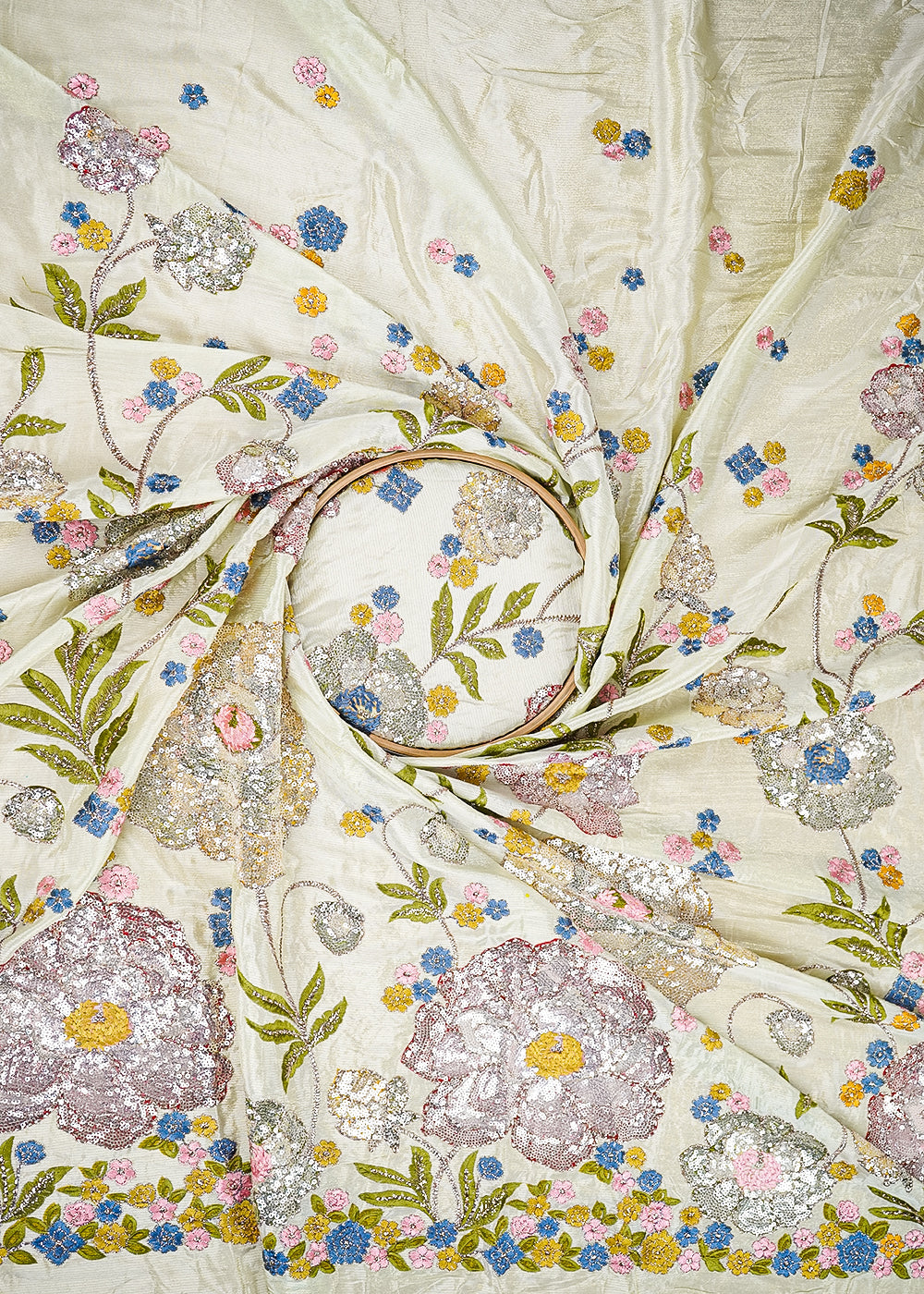 Pista Green Georgette Fabric With All Over Thread, Zari And Sequins With One Side Border 20372