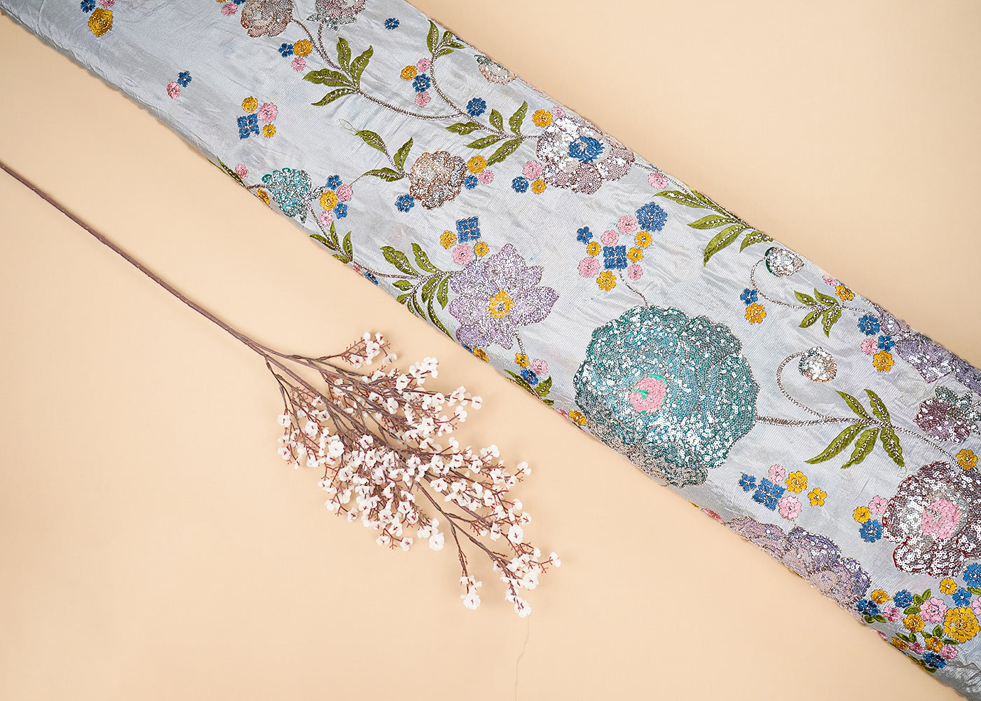 Grey Crepe Fabric With All Over Thread, Zari And Sequins With One Side Border 20373