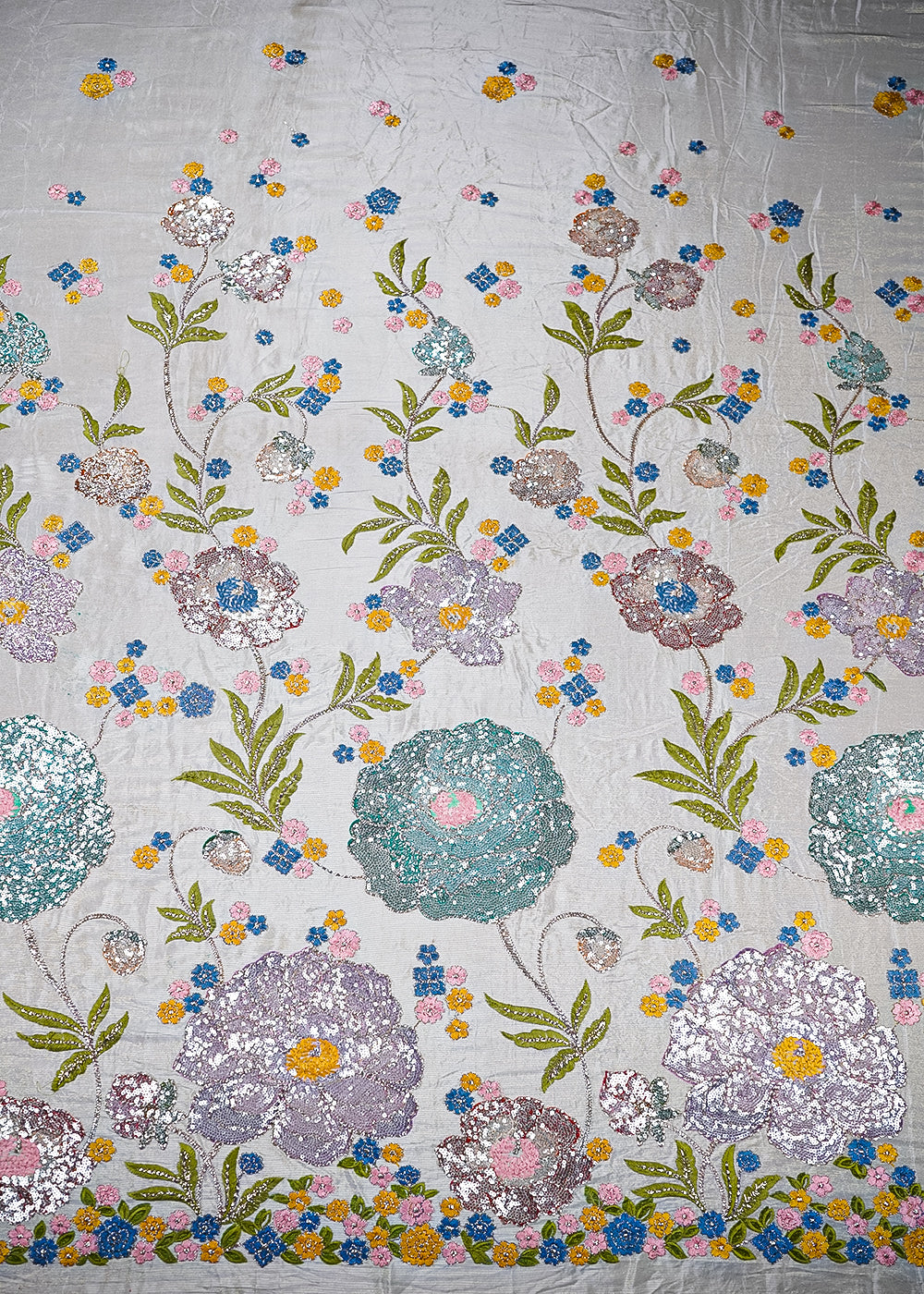 Grey Crepe Fabric With All Over Thread, Zari And Sequins With One Side Border 20373