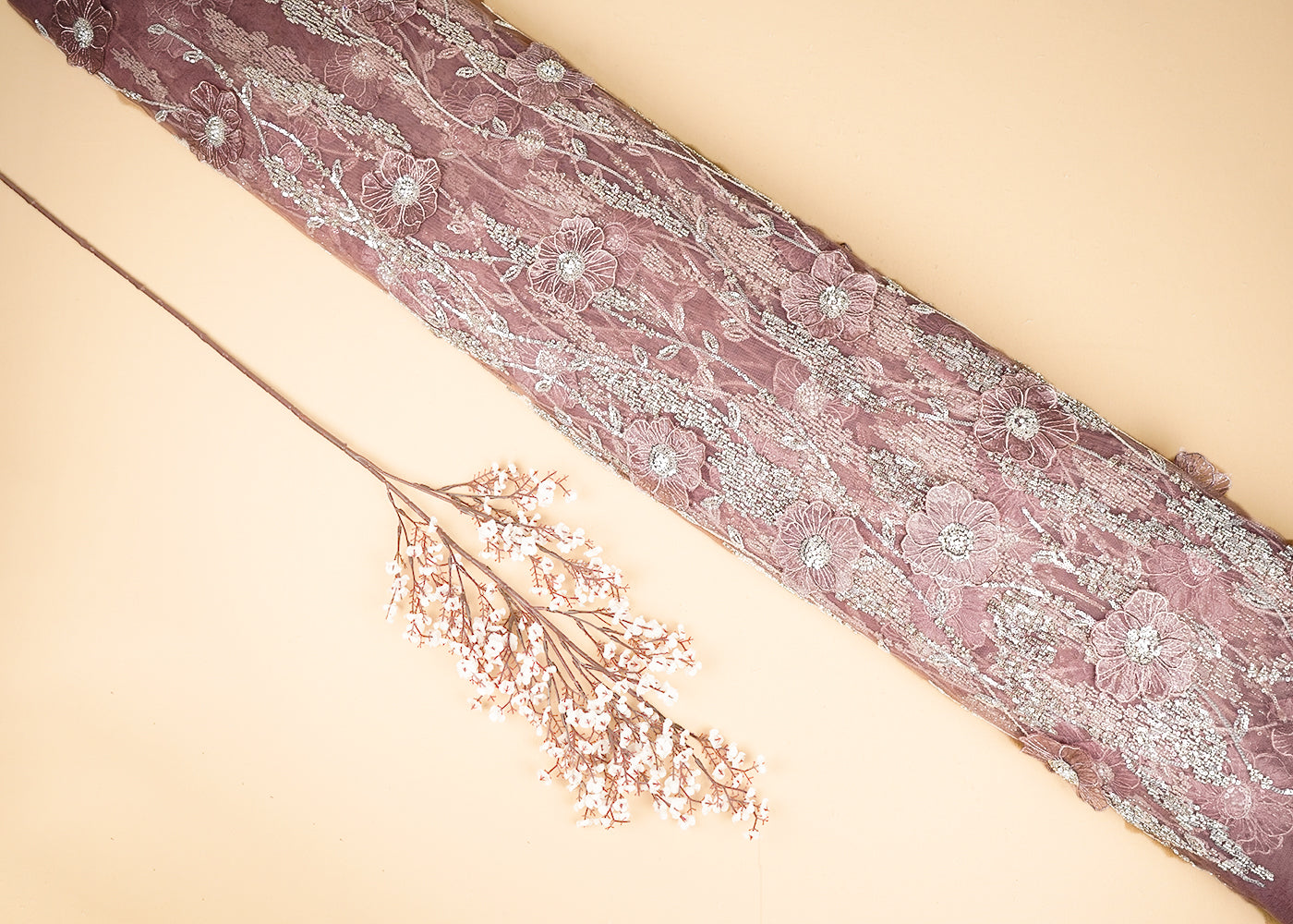 Mauve Imported Net Fabric With All Over Sequins And Bead With 3D Work 20376