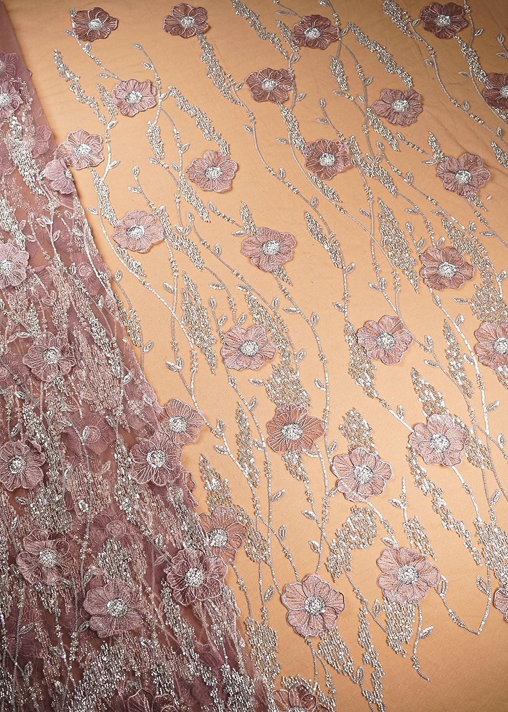 Mauve Imported Net Fabric With All Over Sequins And Bead With 3D Work 20376