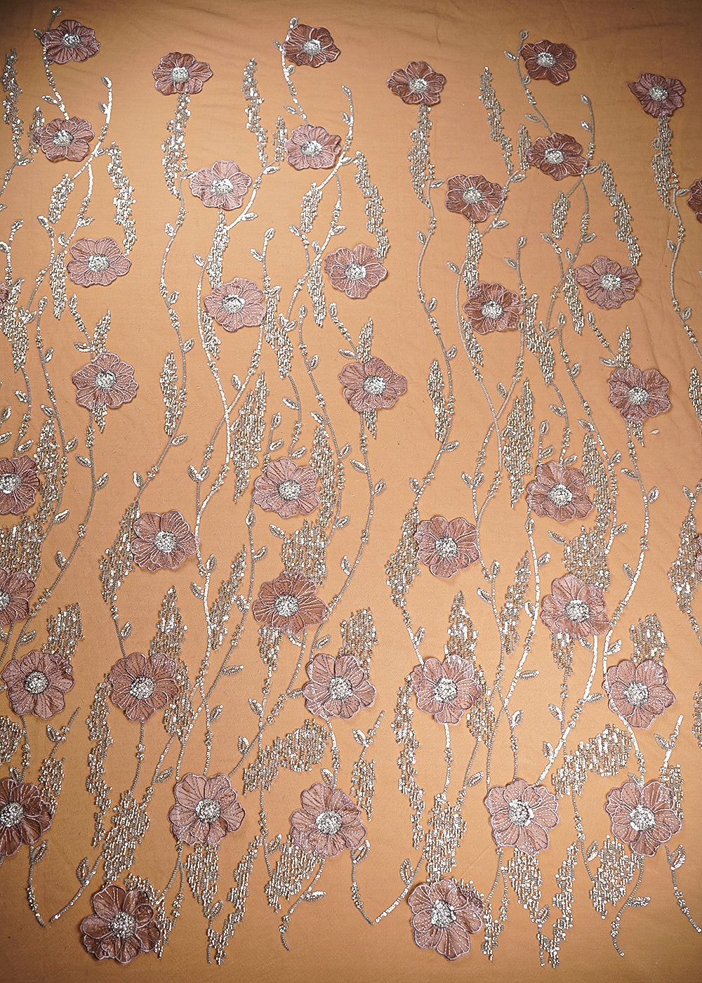 Mauve Imported Net Fabric With All Over Sequins And Bead With 3D Work 20376