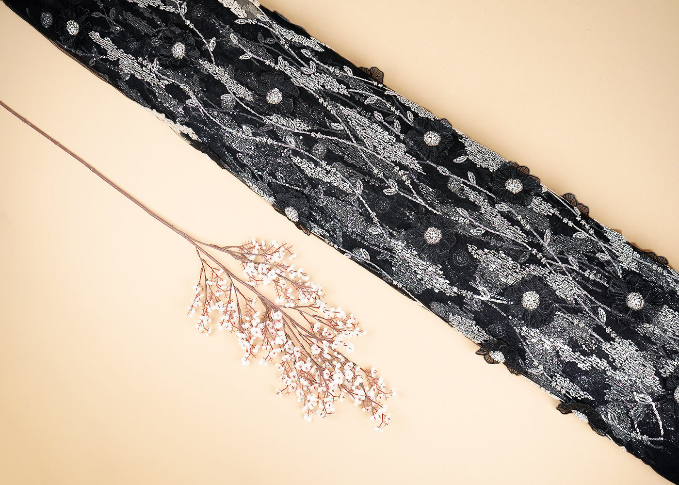 Black Imported Net Fabric With All Over Sequins And Bead With 3D Work 20377