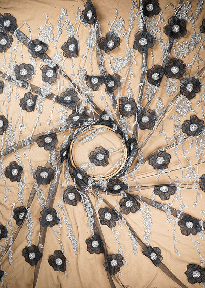 Black Imported Net Fabric With All Over Sequins And Bead With 3D Work 20377