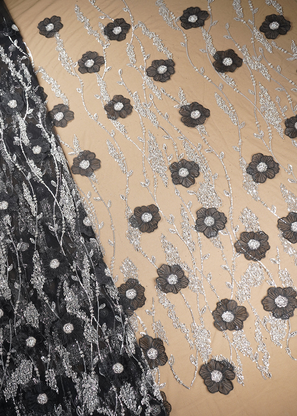 Black Imported Net Fabric With All Over Sequins And Bead With 3D Work 20377