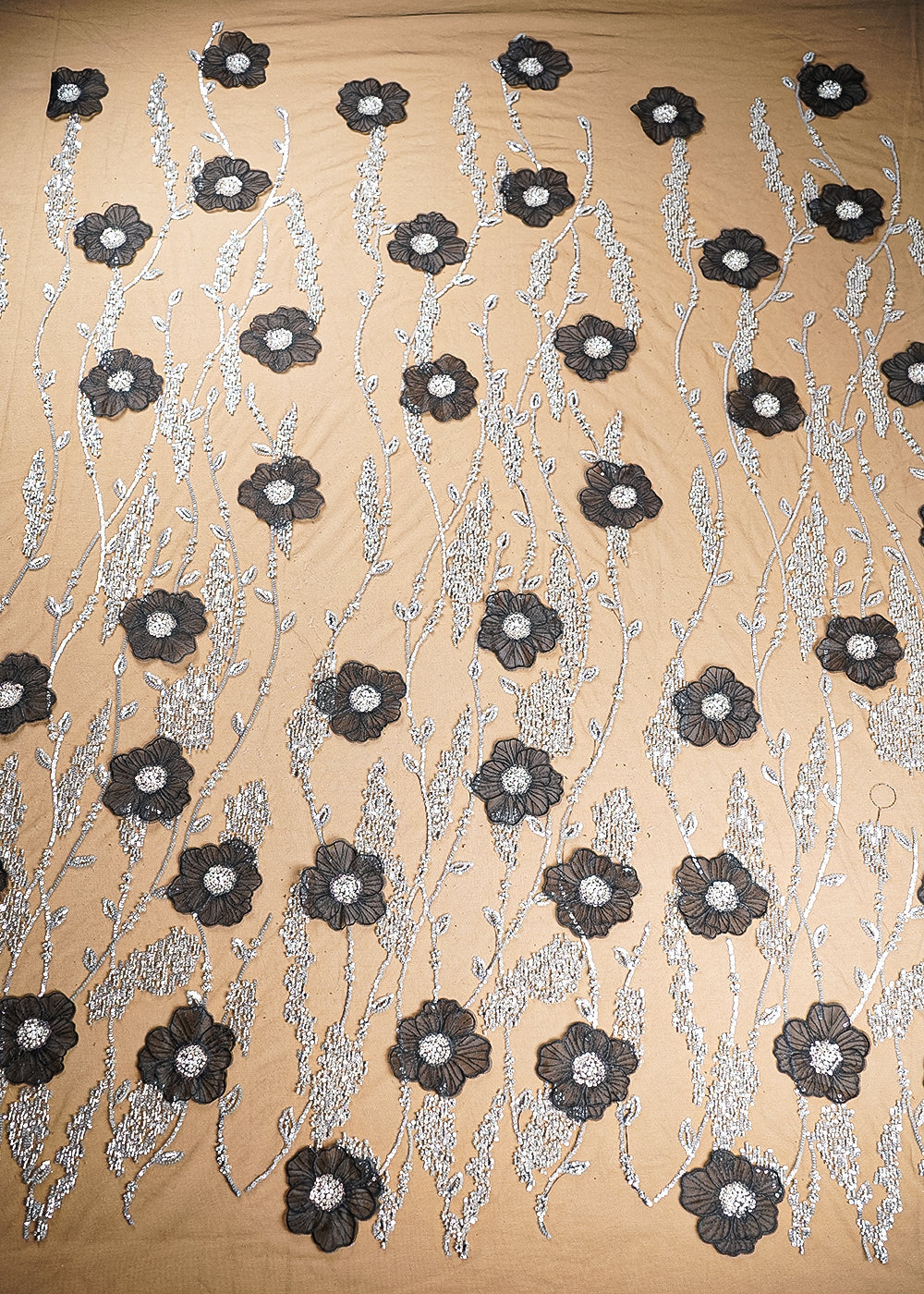 Black Imported Net Fabric With All Over Sequins And Bead With 3D Work 20377