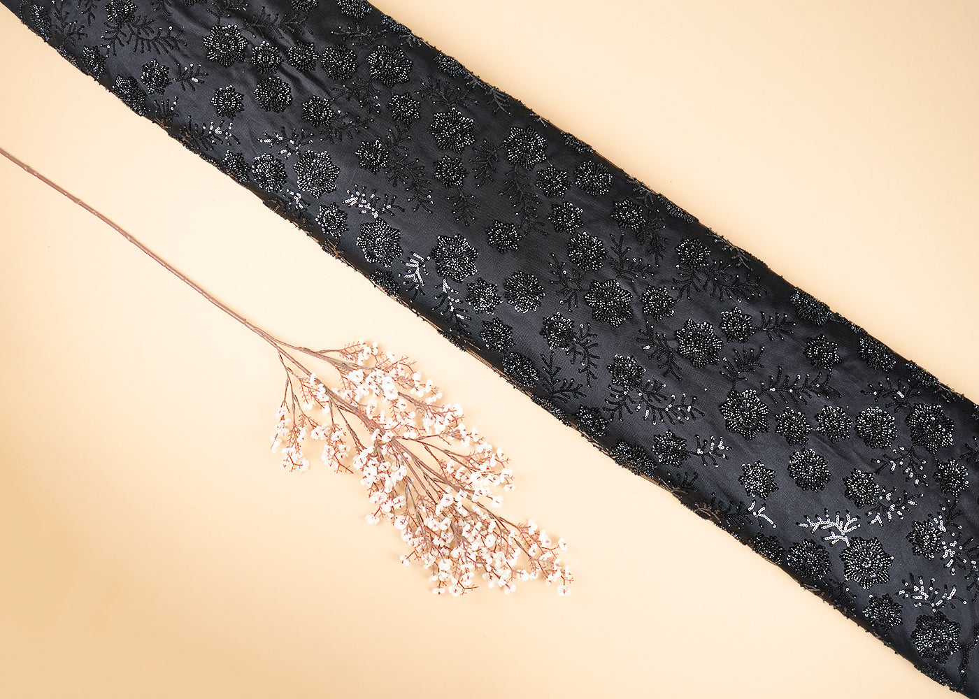 Black Imported Net Fabric With All Over Bead, Sequins And Thread Work With Two Side Scalloped Edges 20378