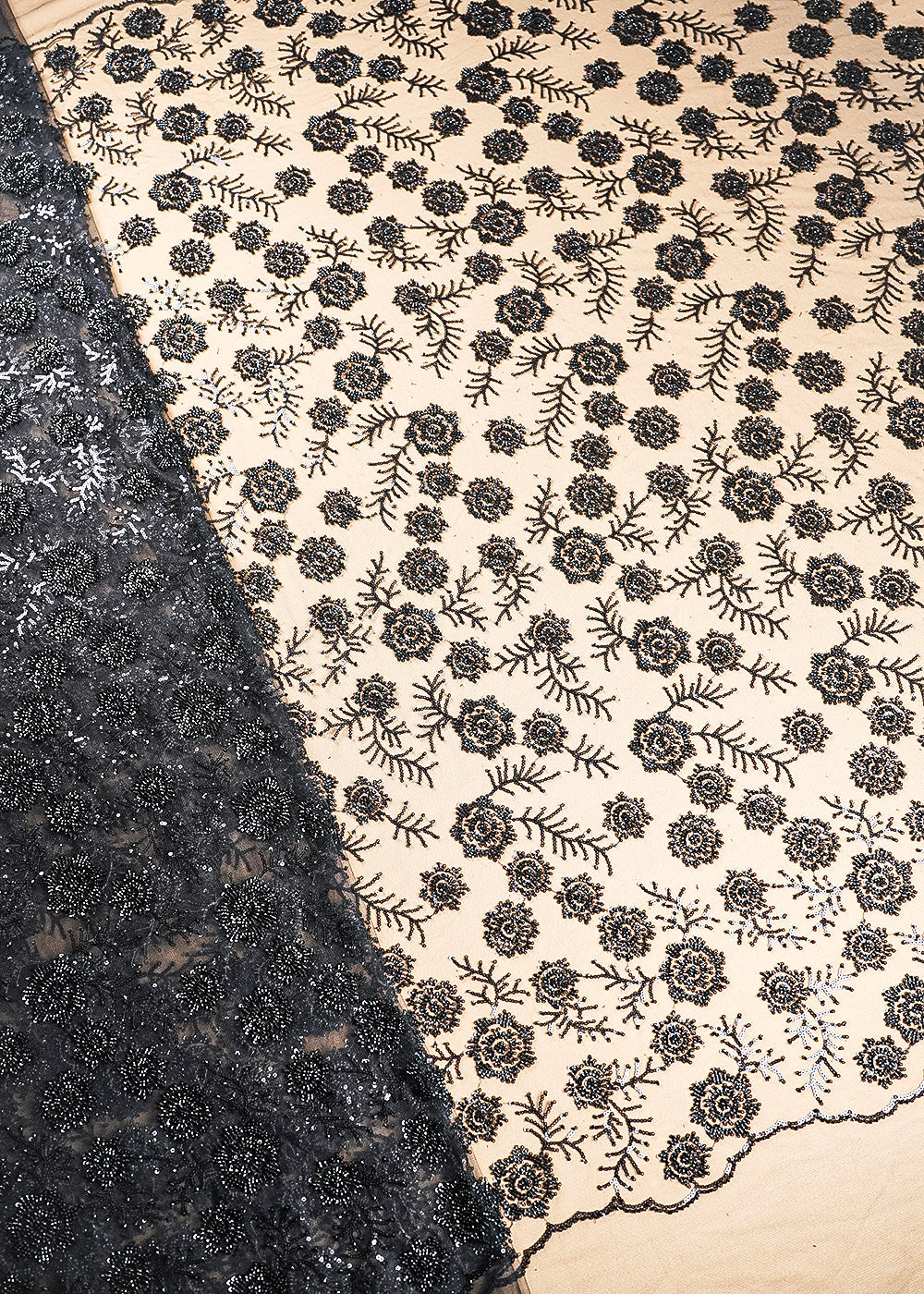 Black Imported Net Fabric With All Over Bead, Sequins And Thread Work With Two Side Scalloped Edges 20378