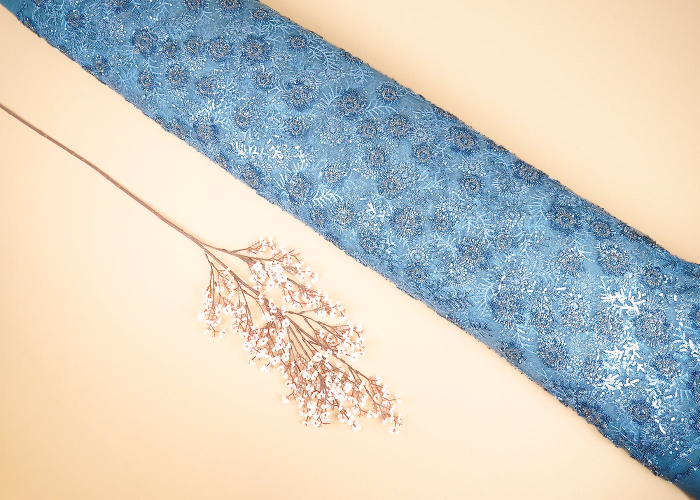 Blue Imported Net Fabric With All Over Bead, Sequins And Thread Work With Two Side Scalloped Edges 20379