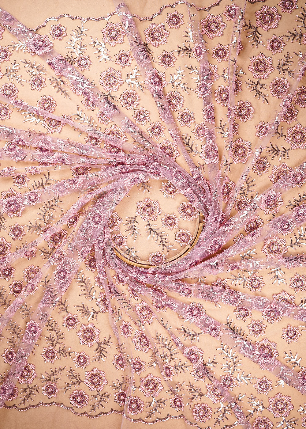 Pink Imported Net Fabric With All Over Bead, Sequins And Thread Work With Two Side Scalloped Edges 20380