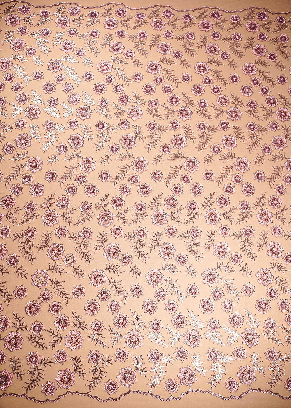 Pink Imported Net Fabric With All Over Bead, Sequins And Thread Work With Two Side Scalloped Edges 20380