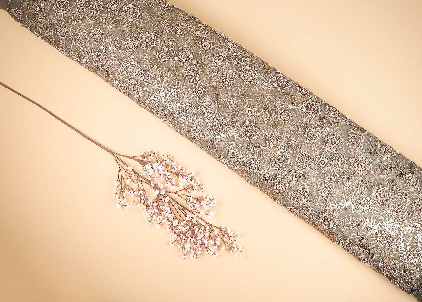 Gold Imported Net Fabric With All Over Bead, Sequins And Thread Work With Two Side Scalloped Edges 20381