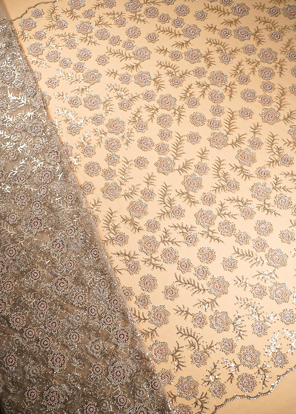 Gold Imported Net Fabric With All Over Bead, Sequins And Thread Work With Two Side Scalloped Edges 20381