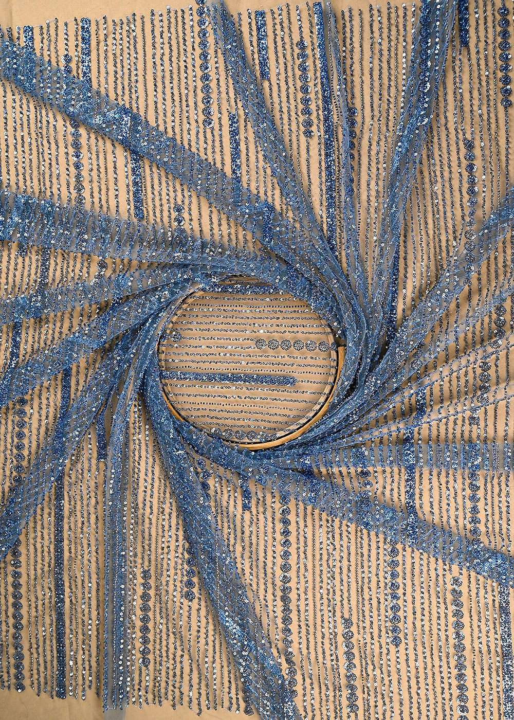 Blue Imported Net Fabric With All Over Bead And Sequins Work 20382