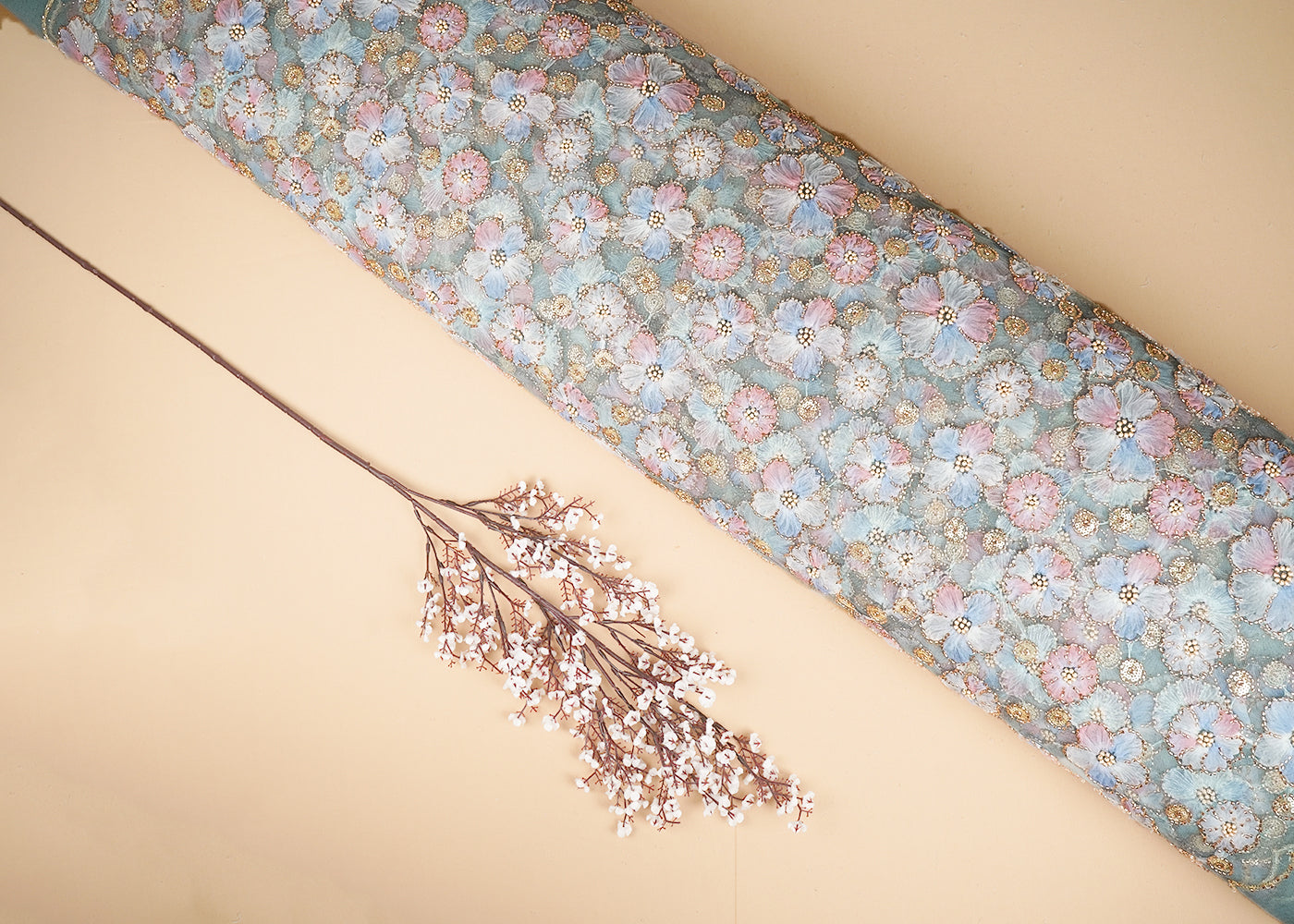 Aqua Blue Imported Net Fabric With All Over Sequins And Bead With Ribbon Work 20384