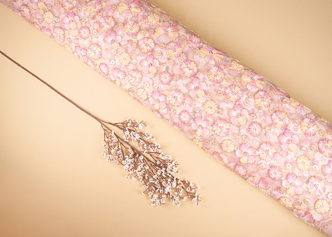 Pink Imported Net Fabric With All Over Sequins And Bead With Ribbon Work 20385