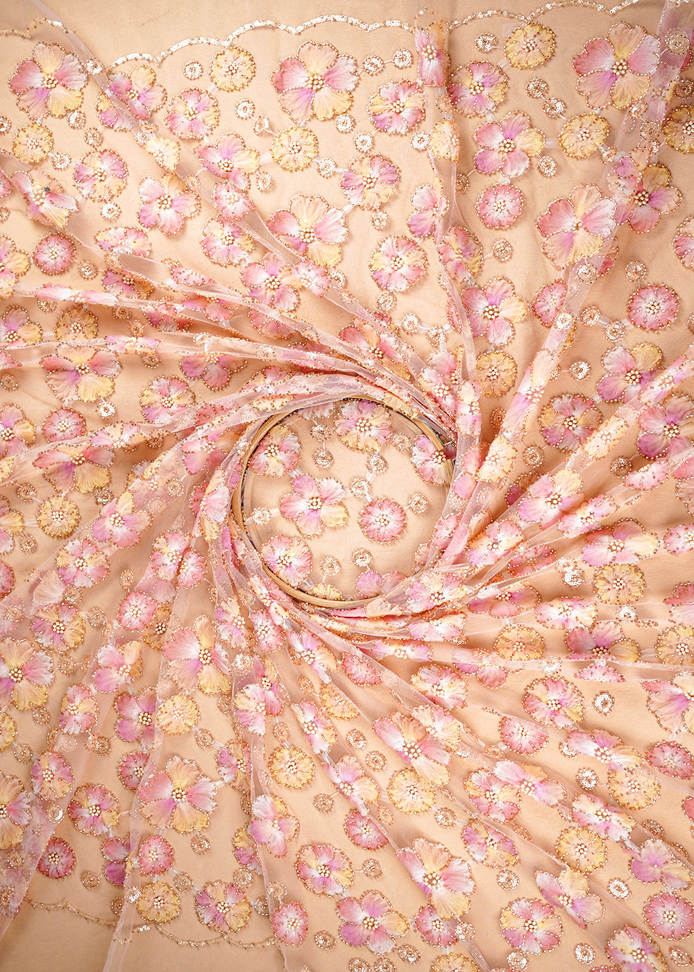 Pink Imported Net Fabric With All Over Sequins And Bead With Ribbon Work 20385