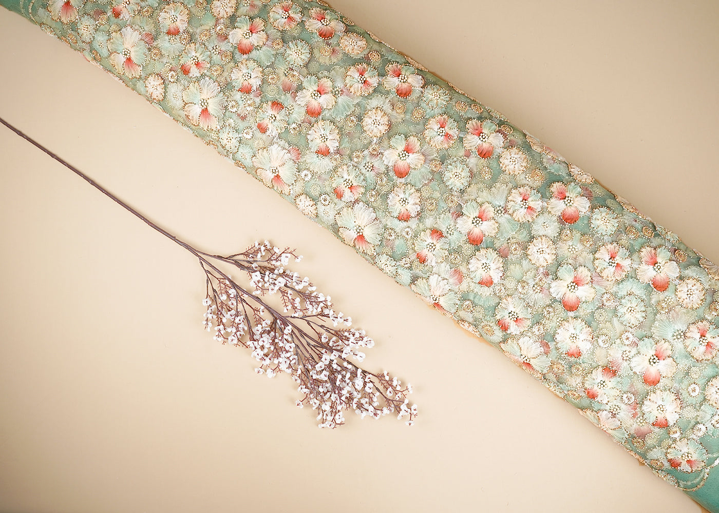 Mint Green Imported Net Fabric With All Over Sequins And Bead With Ribbon Work 20386