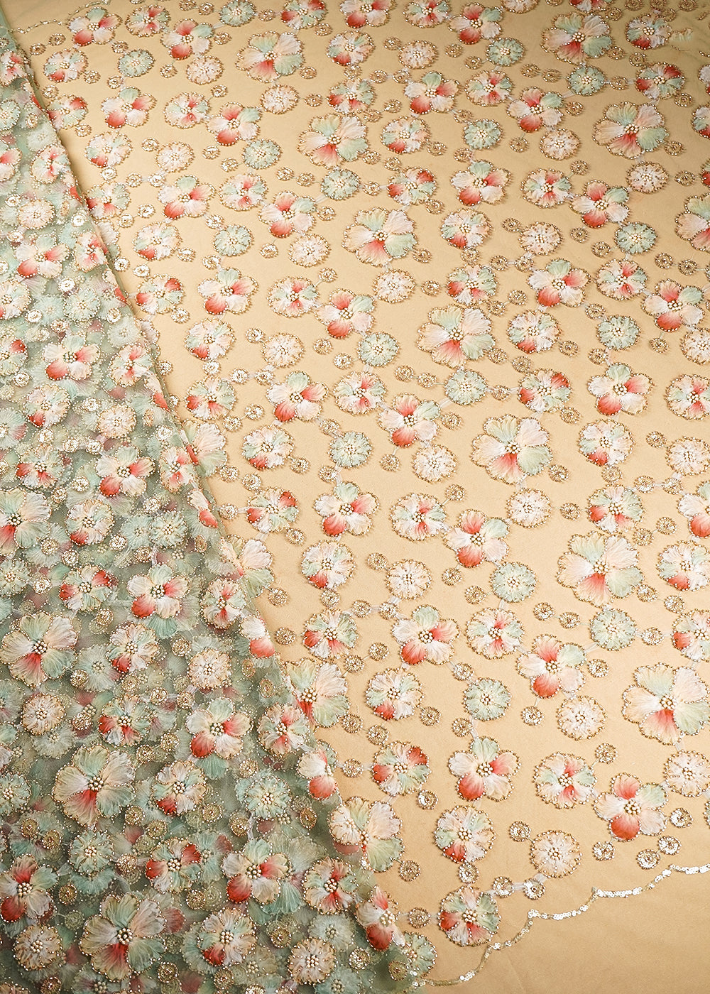 Mint Green Imported Net Fabric With All Over Sequins And Bead With Ribbon Work 20386