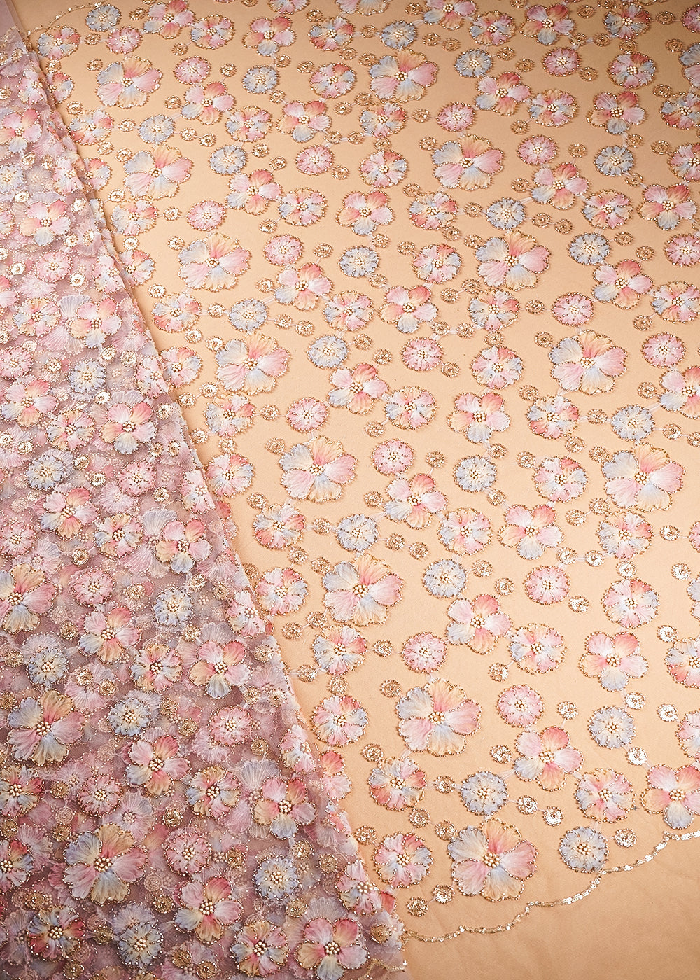 Onion Imported Net Fabric With All Over Sequins And Bead With Ribbon Work 20387