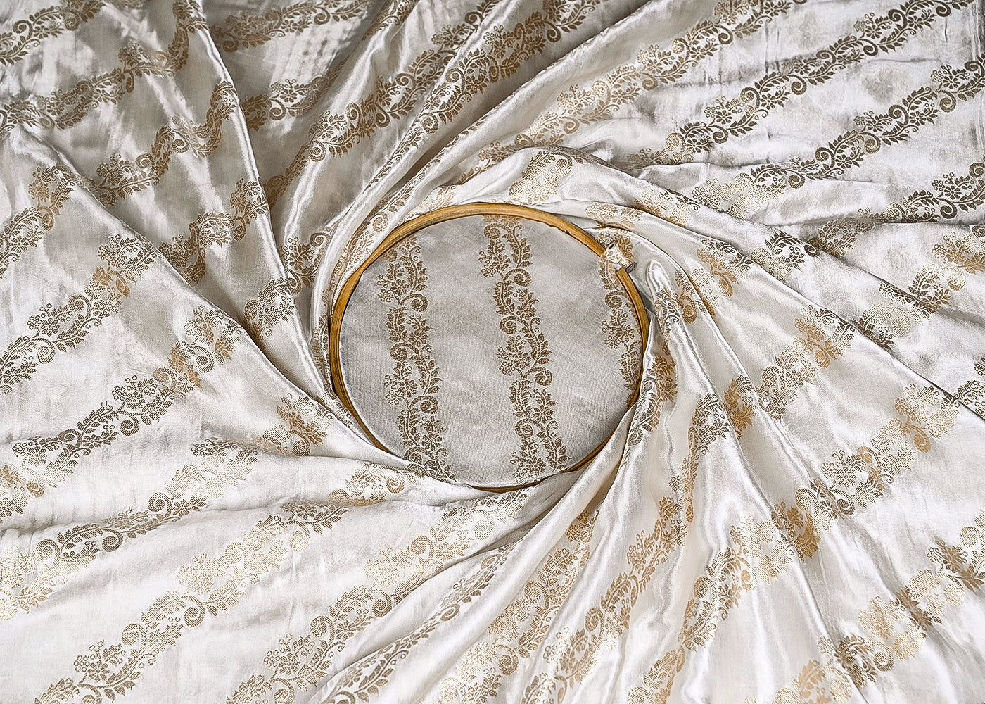 White Satin Fabric With Allover Zari Handloom Diagonal Stripes 20389