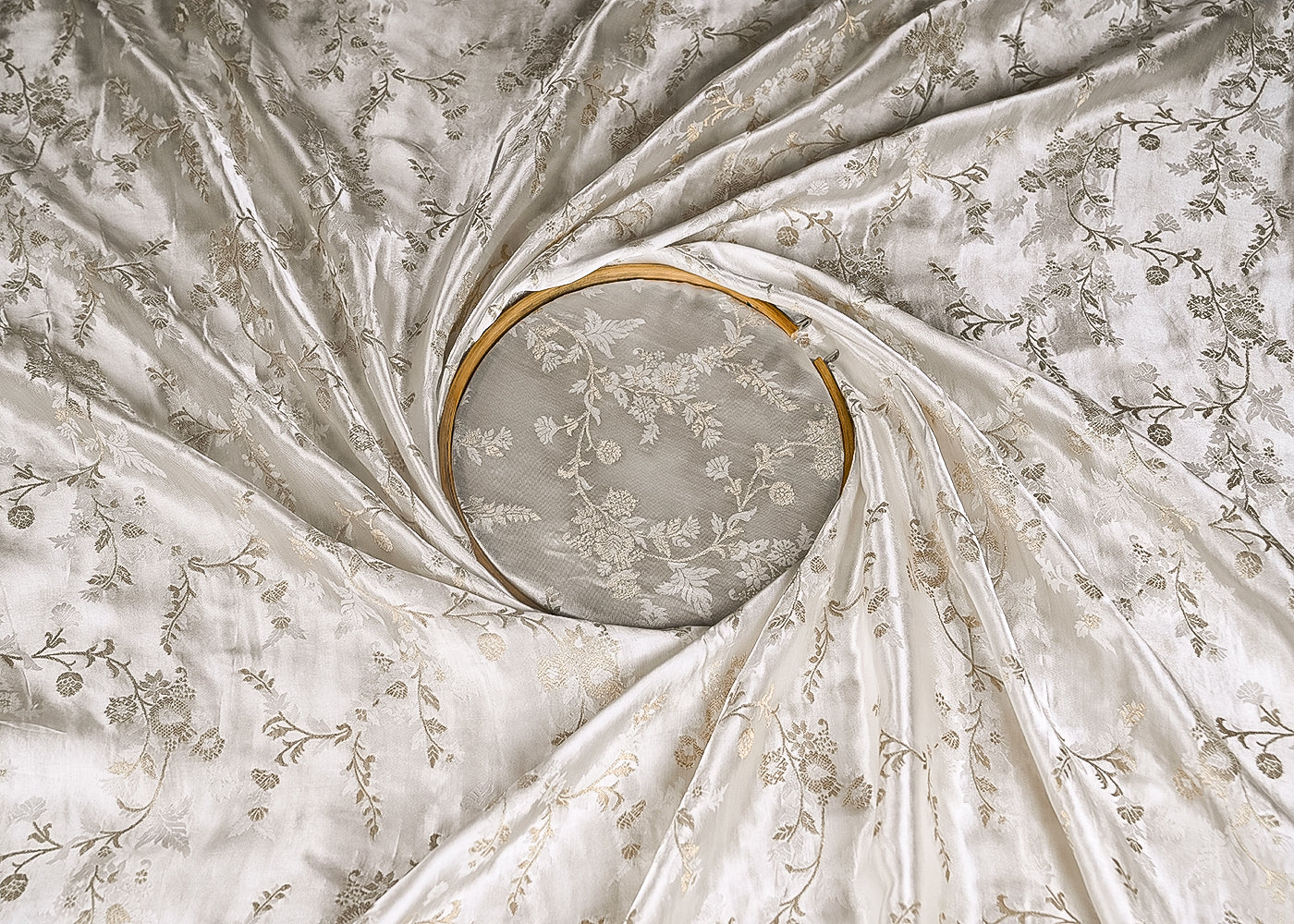 White Satin Fabric With Allover Zari And Thread Handloom Jaal Pattern  20391