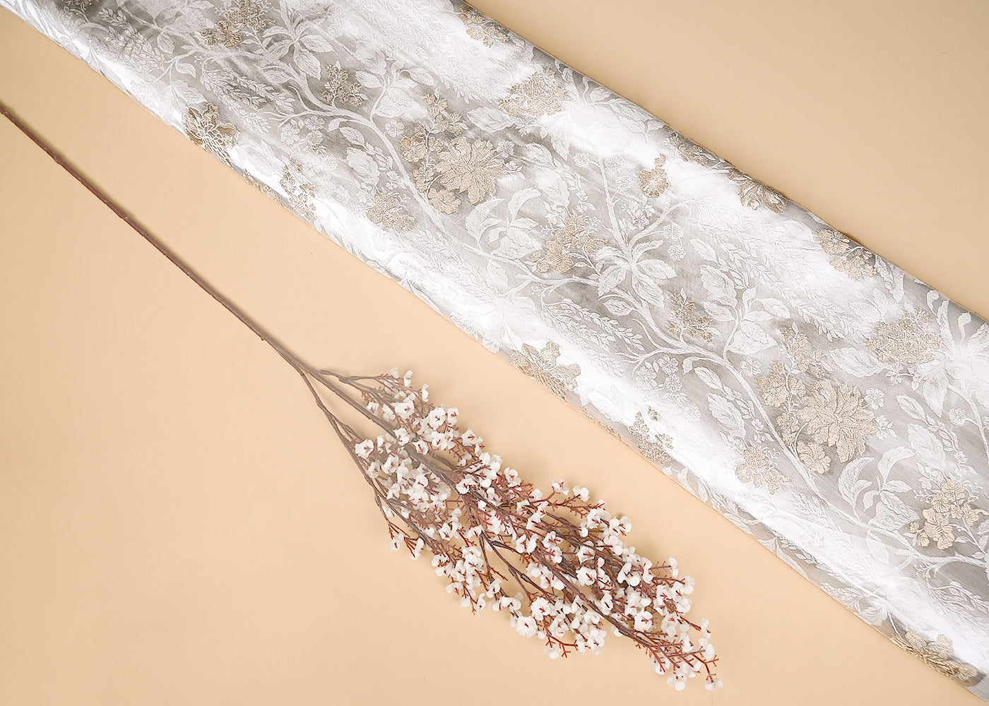 White Satin Fabric With Allover Zari And Thread Handloom Buti 20392