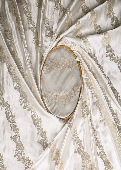 White Satin Fabric With Allover Diagonal Stripes Of Zari Handloom 20393