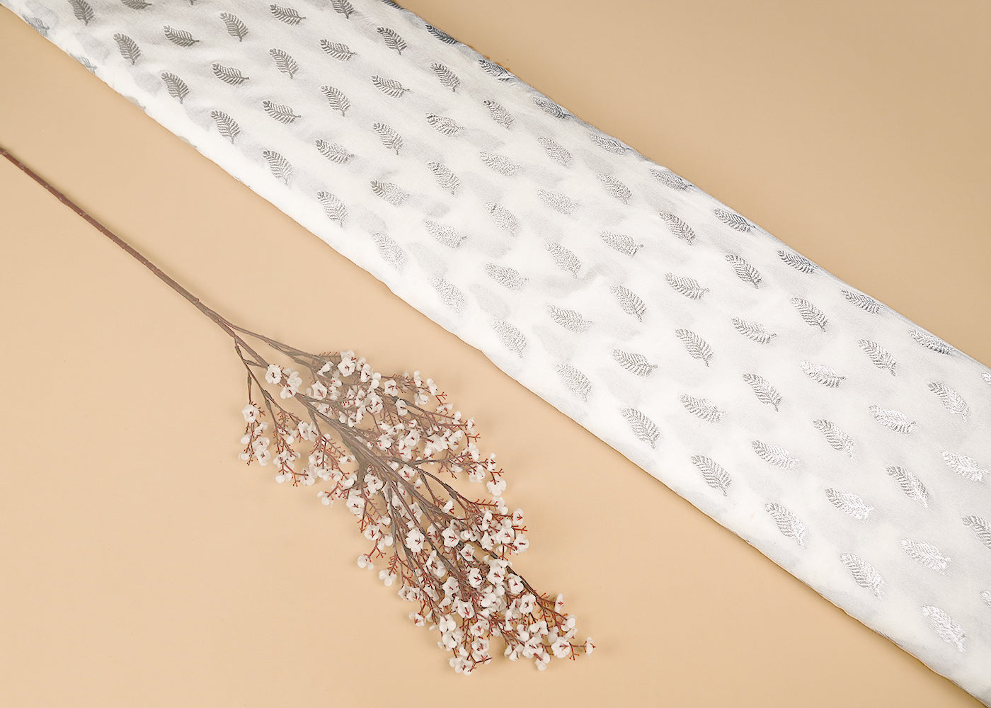 White Dyeable Chanderi Fabric With All Over Leaf Buti Of Silver Zari Handloom 20400