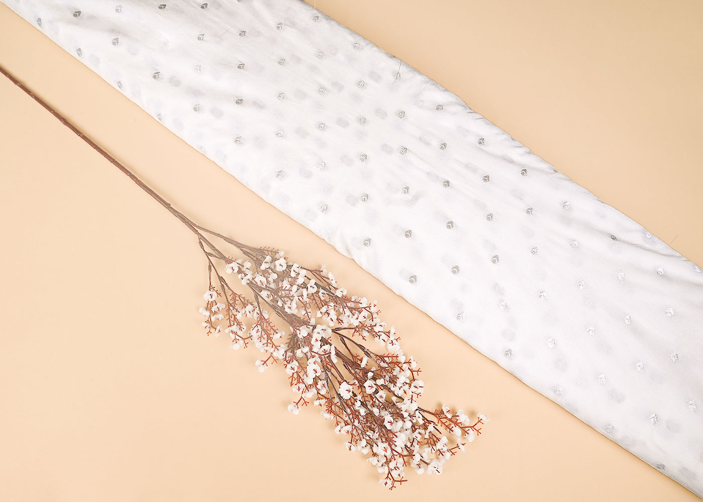 White Dyeable Chanderi Fabric With All Over Buti Of Silver Zari Handloom 20401