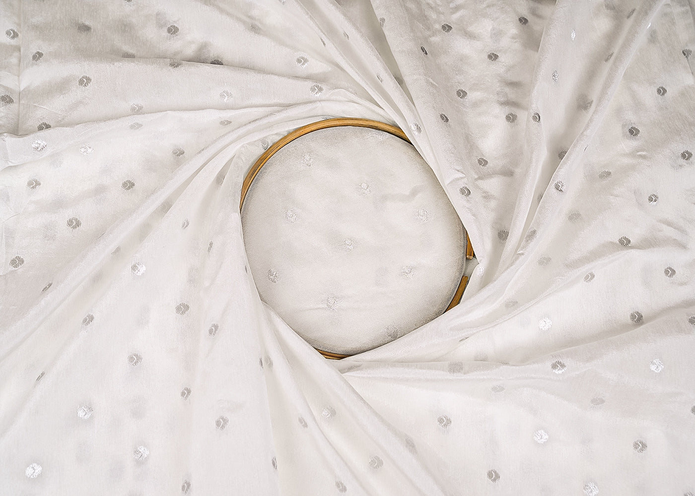 White Dyeable Chanderi Fabric With All Over Buti Of Silver Zari Handloom 20401