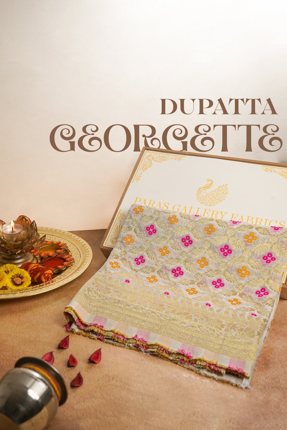White Dyeable Banarasi Georgette Dupatta All Over Zari Work 20408