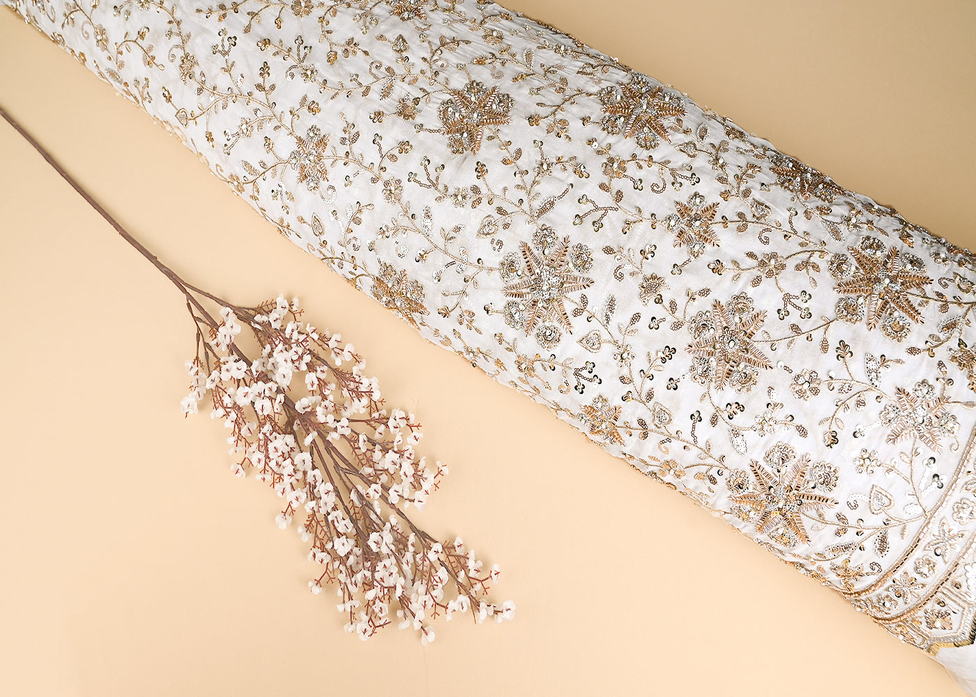 White Georgette Fabric With All Over Jaal Pattern Of Katdana, Zari, Sequins And Bead Work With One Side Border 20419