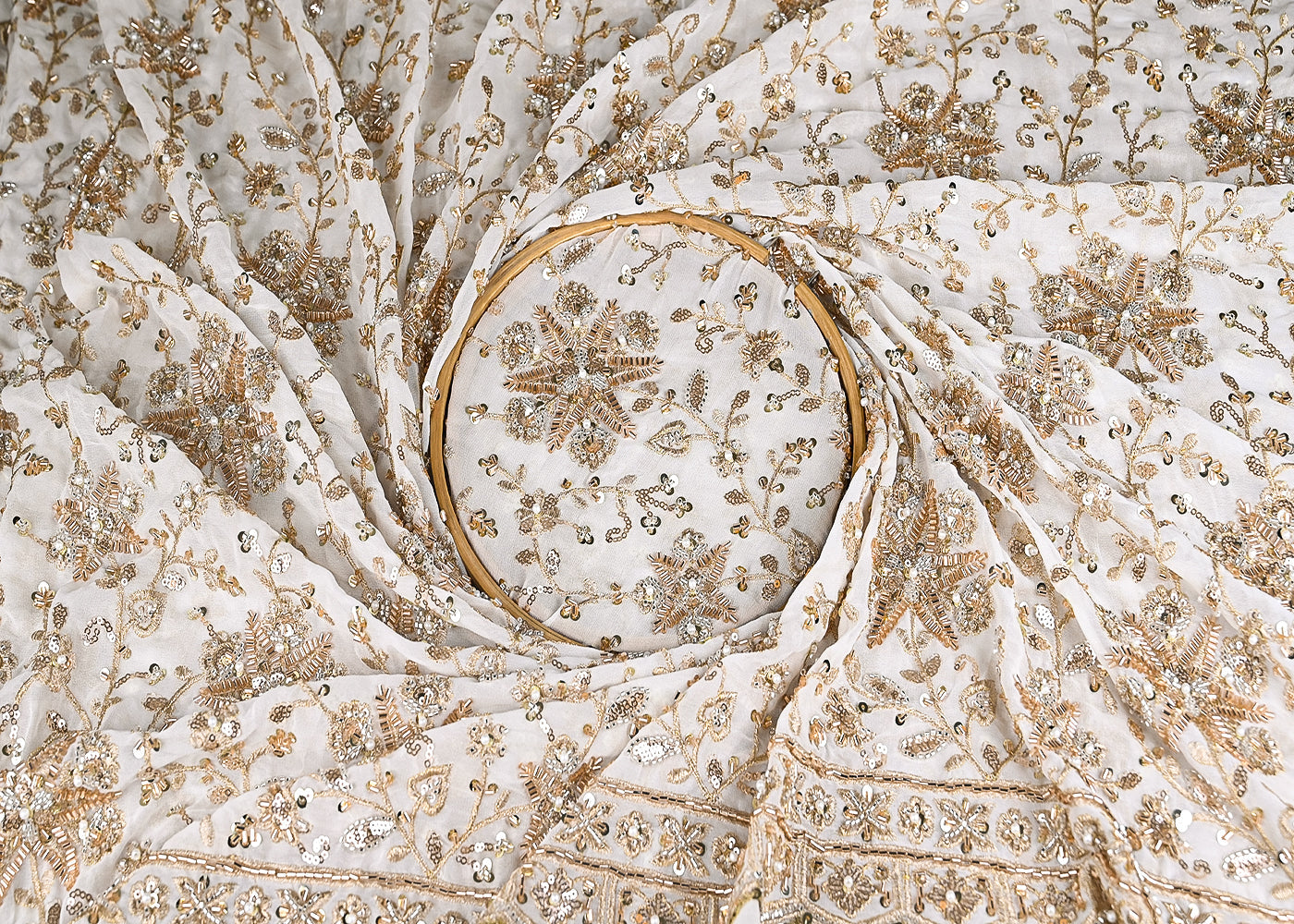 White Georgette Fabric With All Over Jaal Pattern Of Katdana, Zari, Sequins And Bead Work With One Side Border 20419